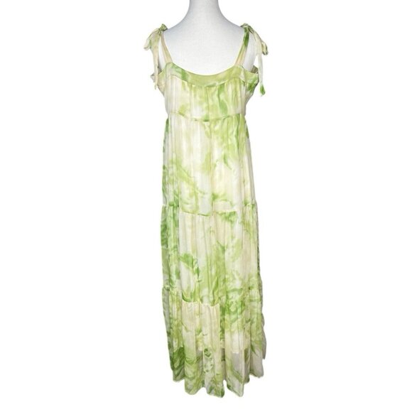 Line & Dot Women's Green Chiffon Tiered Square Neck Luxury Palm Maxi Dress L/C37 - Picture 4 of 16